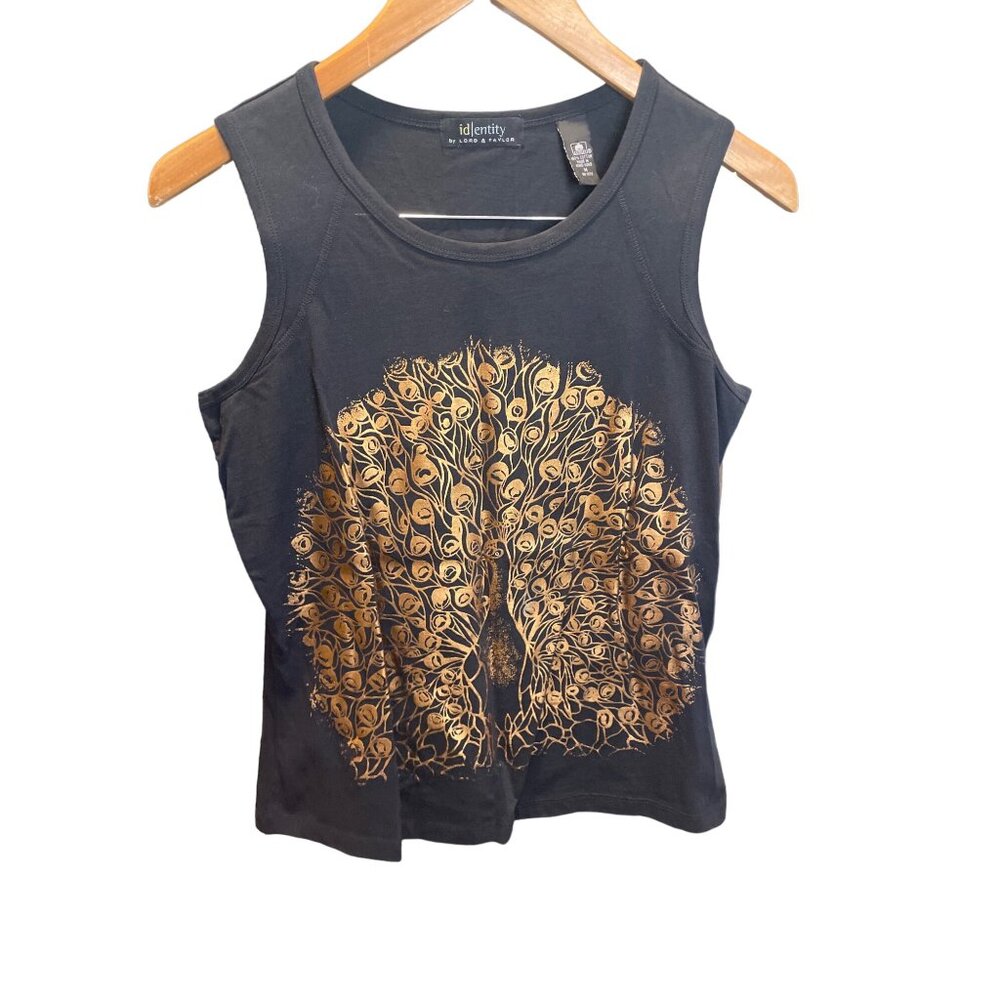 Identity By Lord & Taylor Black Tank Top Gold Peacock Design Cotton Sz Medium